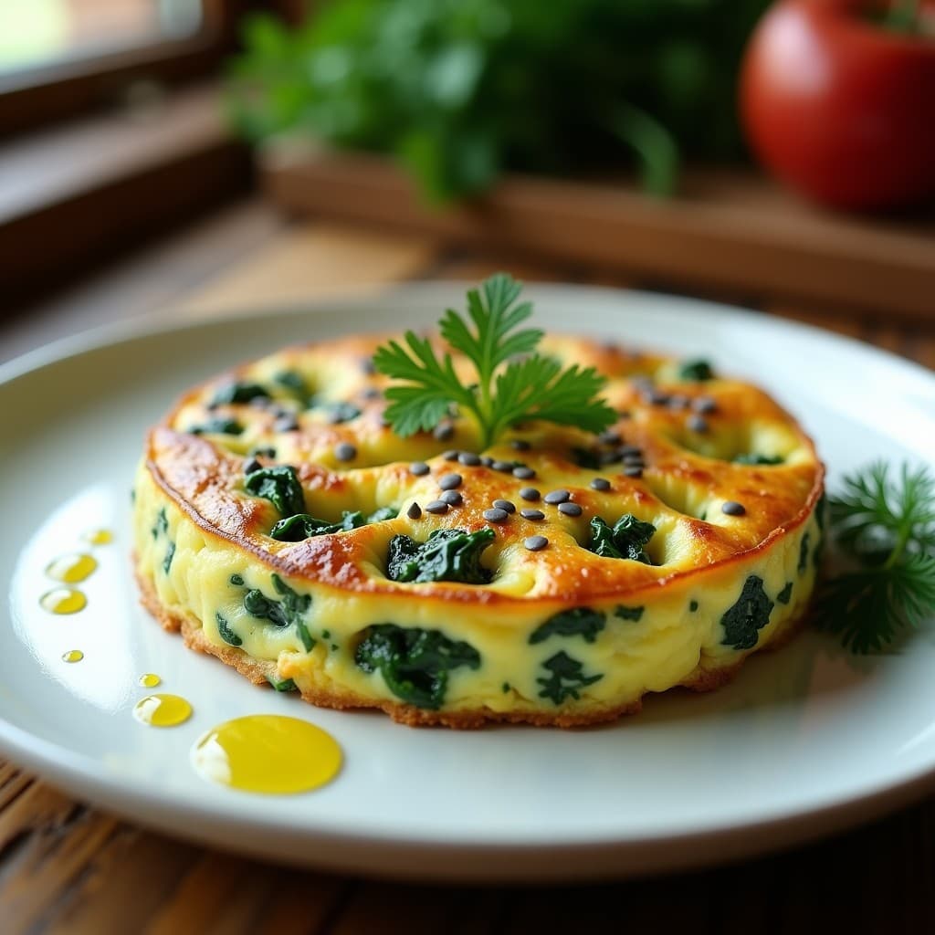 Tortilla vegana dorada con espinacas frescas y queso de anacardos, coronada con semillas de amapola negras brillantes, servida en plato blanco sobre fondo rústico de madera.