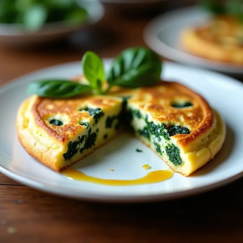 Tortilla de espinacas y queso azul servida en plato blanco, con el verde intenso de las espinacas y el azul vibrante del queso creando un contraste visual impactante, ideal para redes sociales.