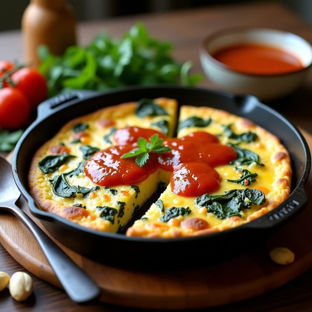 Tortilla dorada de espinacas y queso de cabra en sartén antiadherente, cortada en porciones, con salsa romesco espesa de color rojizo y textura cremosa vertida por encima. Acompañada de una cuchara de madera y hierbas frescas.