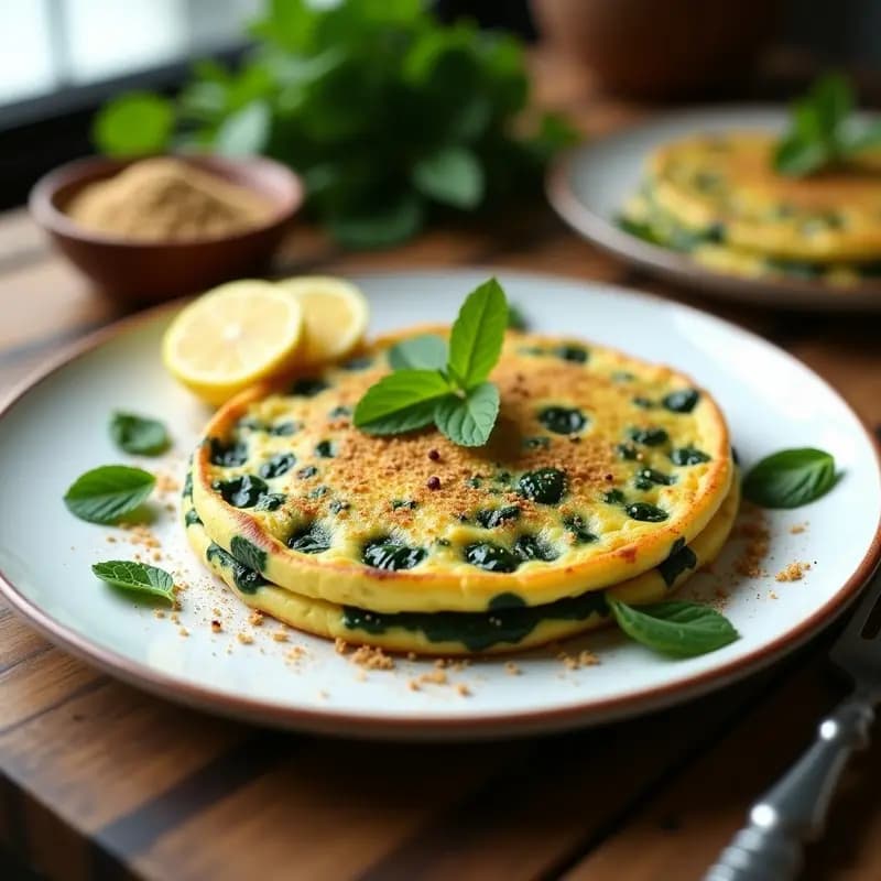 Tortilla esponjosa de espinacas con zaatar servida en un plato blanco, con rodajas de limón y hojas de menta fresca alrededor. Receta de Thermomix con toque árabe.