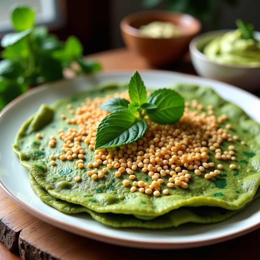Tortilla vegana de espirulina y calabacín horneada, con crujiente dorado de semillas de amaranto por encima, servida en plato blanco sobre fondo de madera rústica. Desayuno alto en proteína y nutritivo.