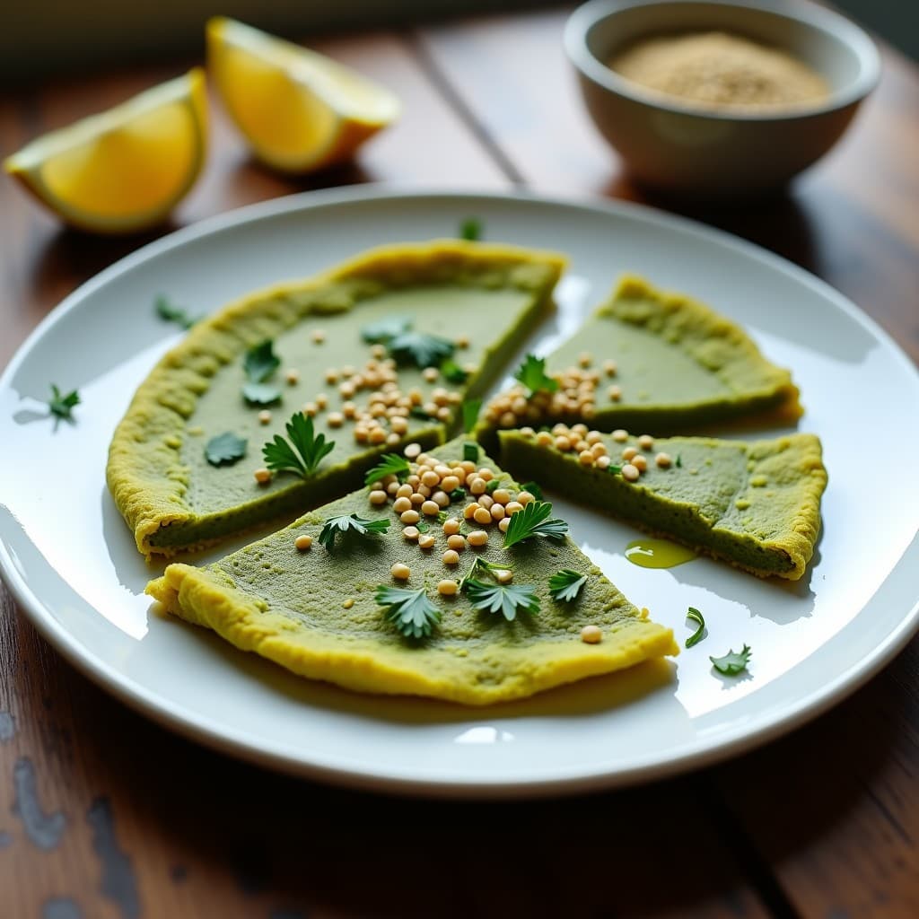 Tortilla vegana de color verde azulado con base de garbanzo, espirulina y cúrcuma, decorada con perifollo fresco, semillas de sésamo y rodajas de limón, servida en plato blanco sobre fondo rústico.