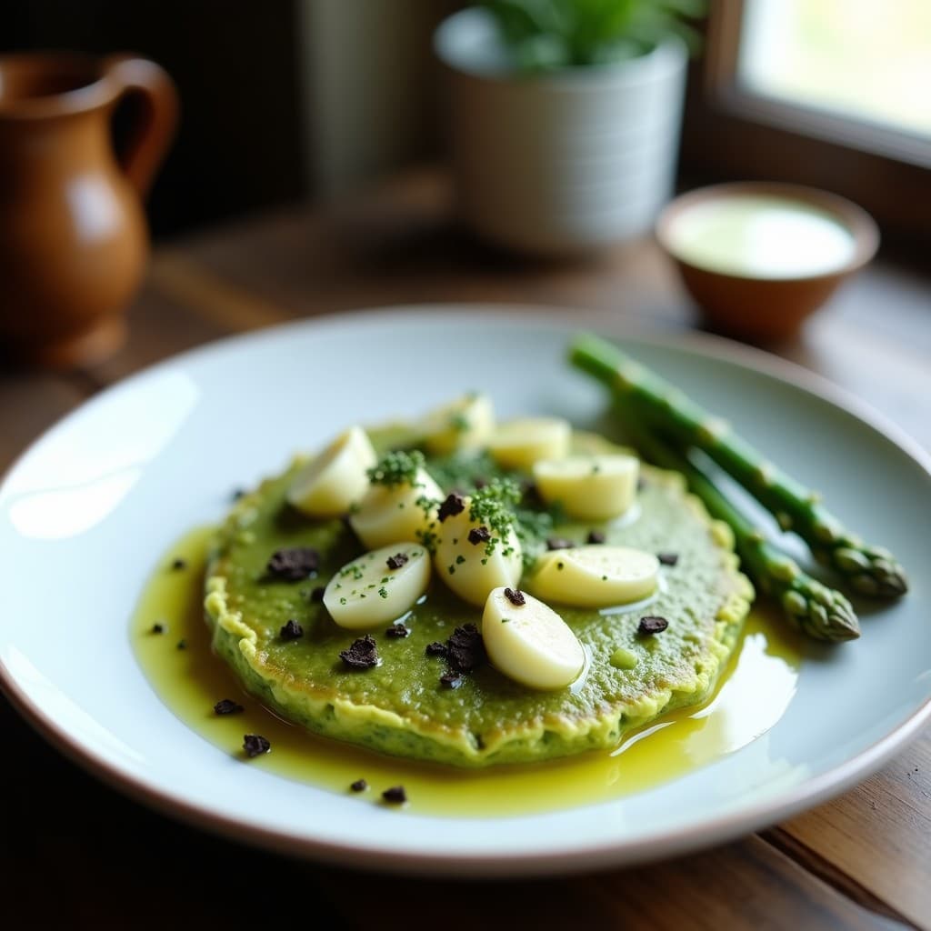 Tortilla esponjosa de color verde intenso por la espirulina, con trozos de espárragos blancos salteados y un hilo de aceite de trufa brillante en la superficie, servida en plato blanco sobre fondo rústico de madera.