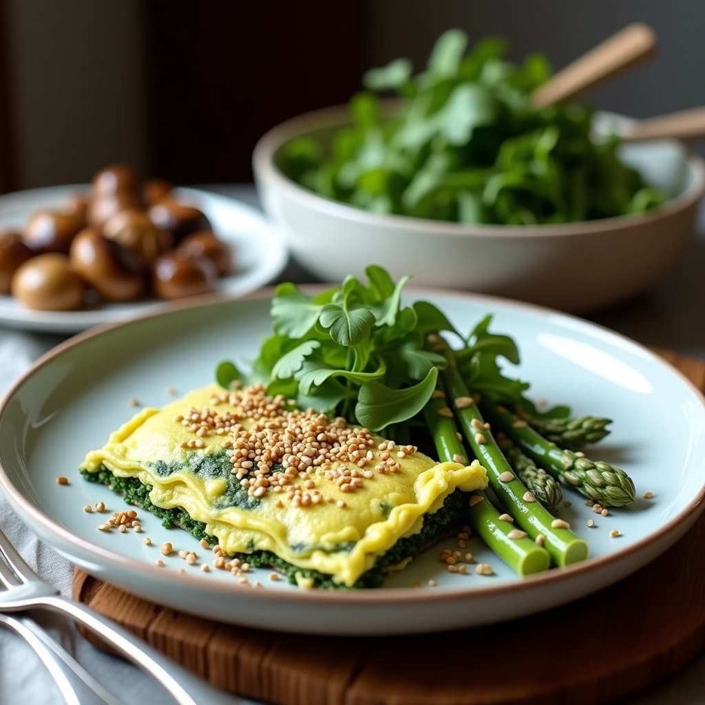 Tortilla vegana esponjosa de color verde azulado por la espirulina, servida en plato blanco con espárragos blancos enteros y semillas de sésamo tostadas, acompañada de champiñones shiitake salteados. Receta de tortilla de espirulina y espárragos blancos en olla rápida con toque umami.
