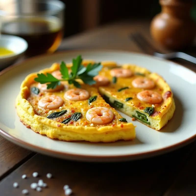 Tortilla dorada y esponjosa de gambas y espárragos verdes con toque de azafrán, servida en plato blanco rústico, acompañada de una ramita de perejil fresco y un fondo de mesa de madera oscura.