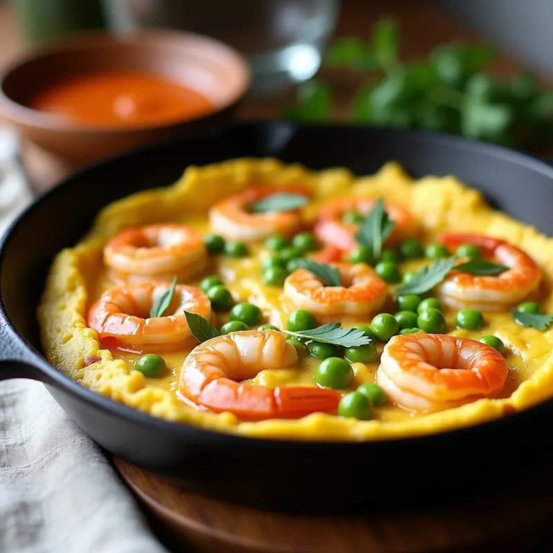 Tortilla dorada y esponjosa con gambas rosadas y guisantes verdes, servida en plato blanco rústico, acompañada de perejil fresco y rodajas de limón, receta costera andaluza.