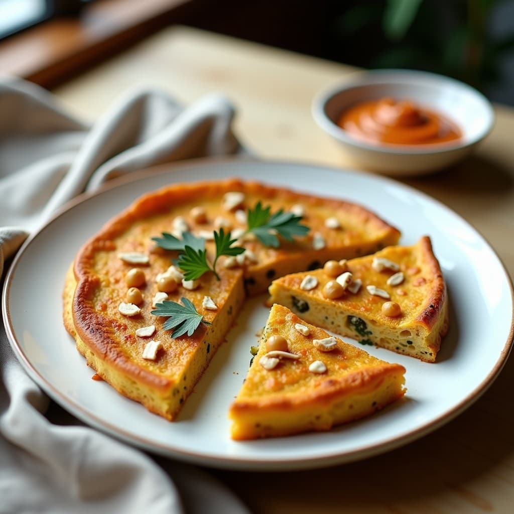 Tortilla dorada y esponjosa de garbanzos y alcachofas corta en porciones, servida en plato blanco con salsa romesco cremosa de avellanas al lado, decorada con perejil fresco y virutas de avellana tostada.