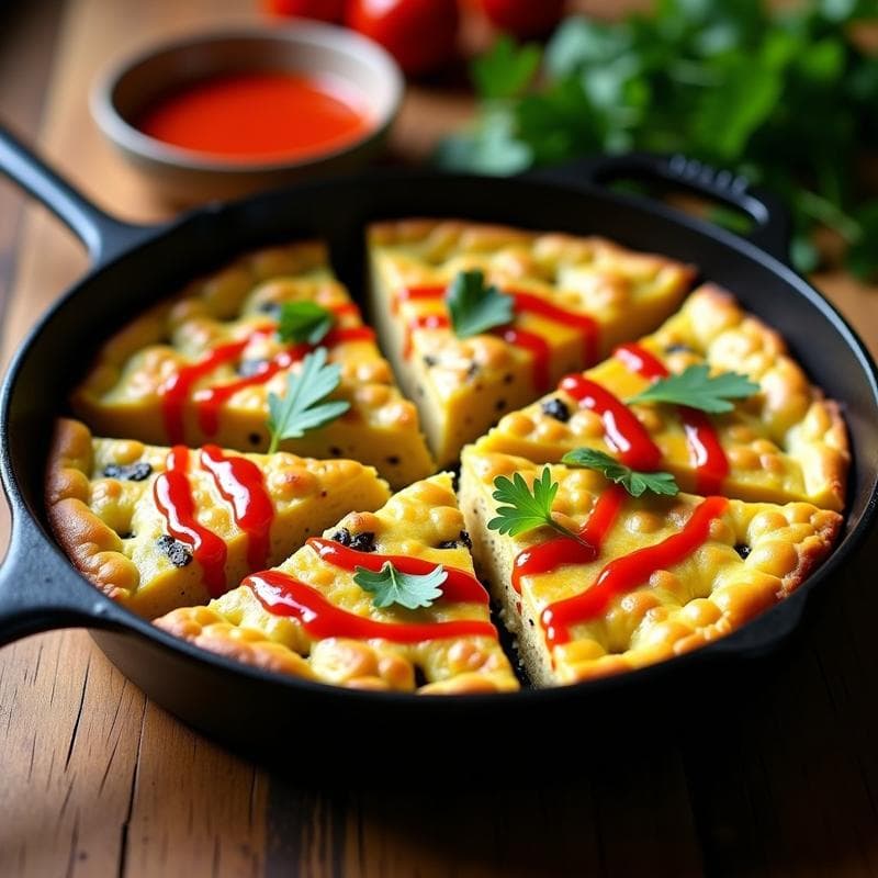Tortilla vegana dorada de garbanzos y alcachofas en sartén de hierro, cortada en porciones con salsa de ñora roja y perejil fresco. Receta tradicional española en Thermomix.