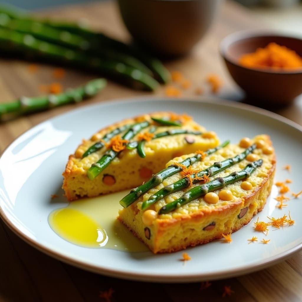 Tortilla dorada y esponjosa de garbanzos y espárragos trigueros con un vibrante color amarillento del azafrán, cortada en porciones sobre un plato de cerámica rústica. Se aprecian las puntas de espárragos asomando entre la mezcla y un hilo de aceite de oliva virgen extra brillando en la superficie.