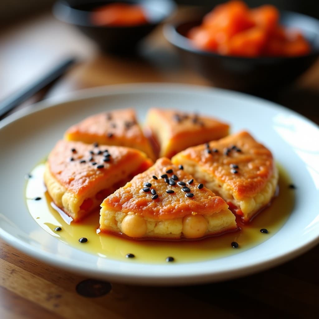 Tortilla dorada de garbanzos y kimchi vegana sin harina, con semillas de sésamo negro en la superficie, cortada en porciones y servida en un plato de cerámica blanca con un hilo de aceite de sésamo. Receta coreana vegana alta en proteína.