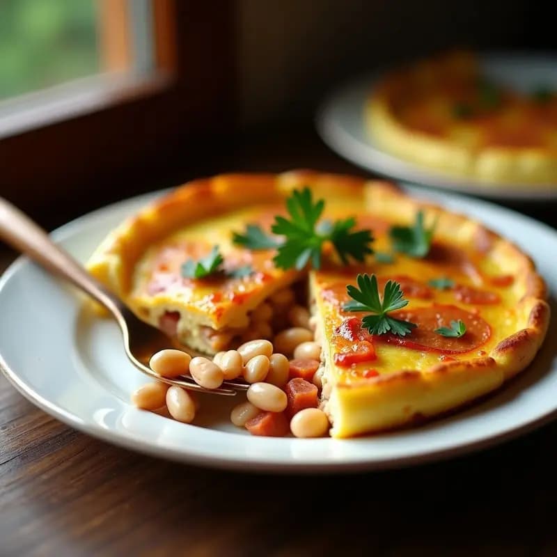 Tortilla dorada y jugosa de habichuelas blancas con trocitos de chorizo y pimentón, servida en plato rústico con perejil fresco, receta para aprochar sobras de fabada.