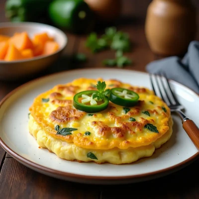 Tortilla de hambre canaria dorada y esponjosa con trozos de patata y pimientos verdes salteados, servida en un plato blanco rústico con un tenedor de madera. Receta tradicional de aprovechamiento.