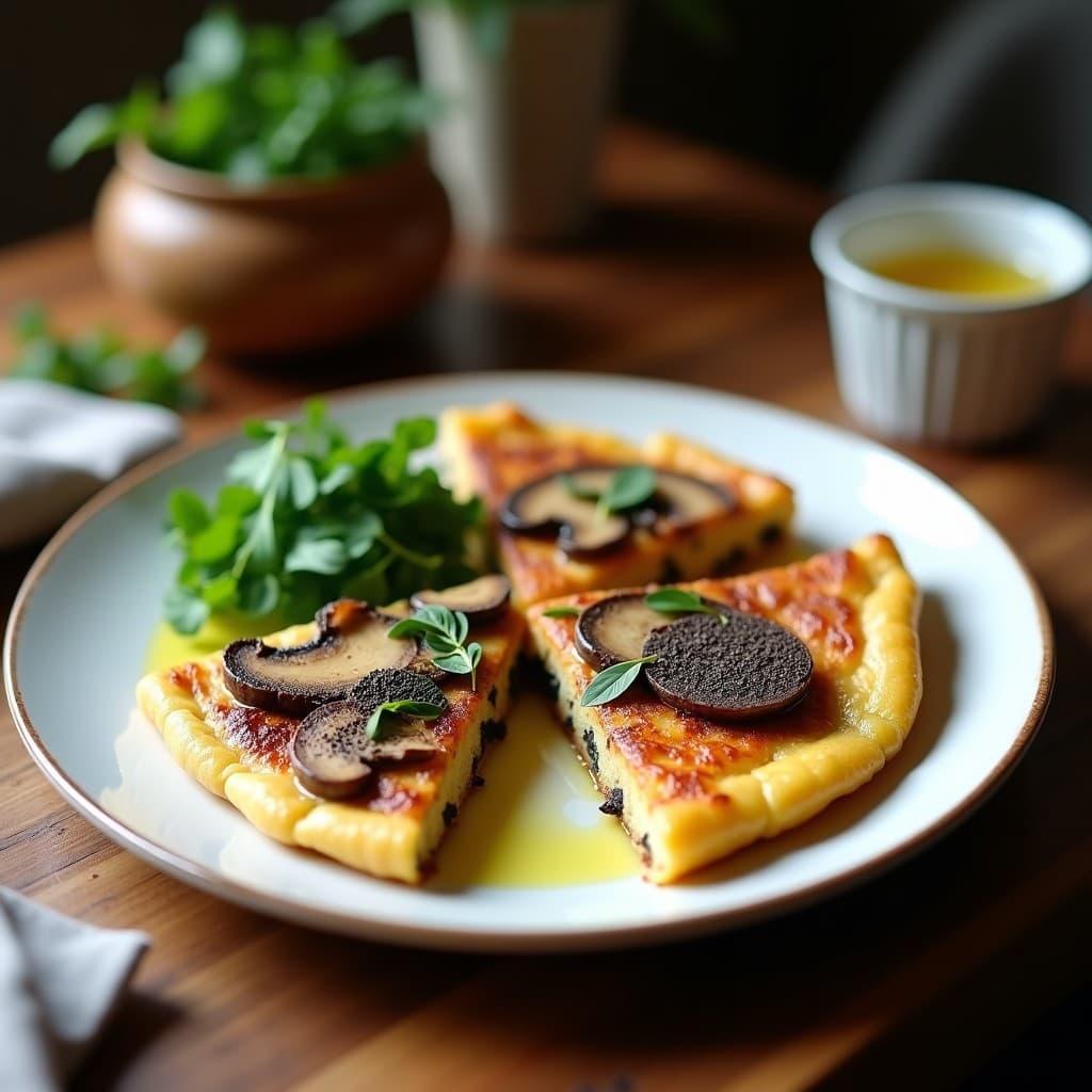 Tortilla dorada y esponjosa de harina de castaña con láminas de champiñones portobello y virutas de trufa negra, servida en plato blanco con perifollo fresco y un hilo de aceite de oliva virgen extra.