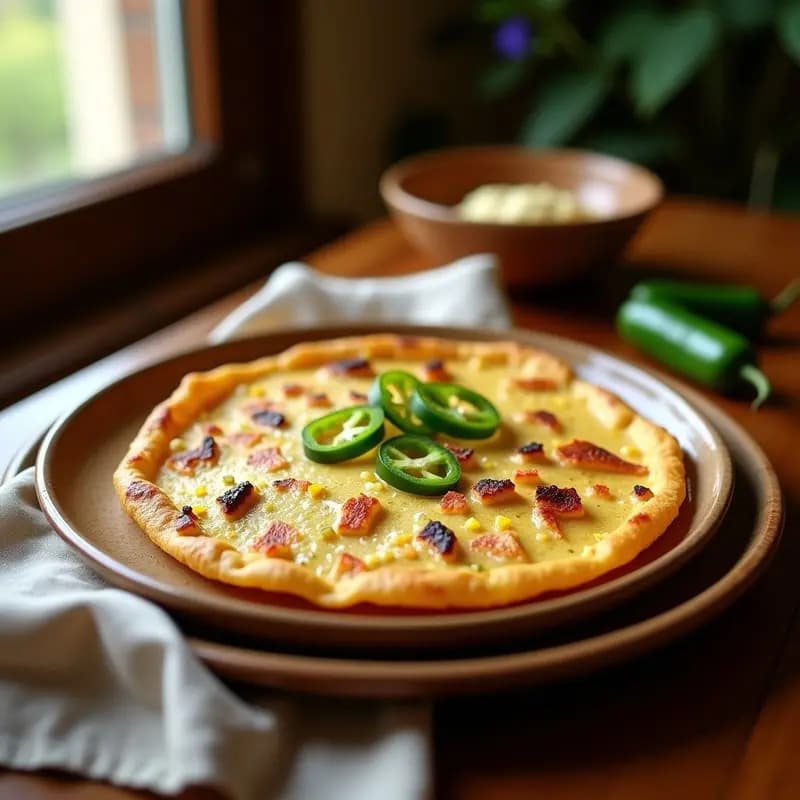 Tortilla de harina dorada y crujiente con trozos de chicharrón y pimientos verdes, servida en un plato de barro rústico, típica receta extremeña de aprovechamiento.
