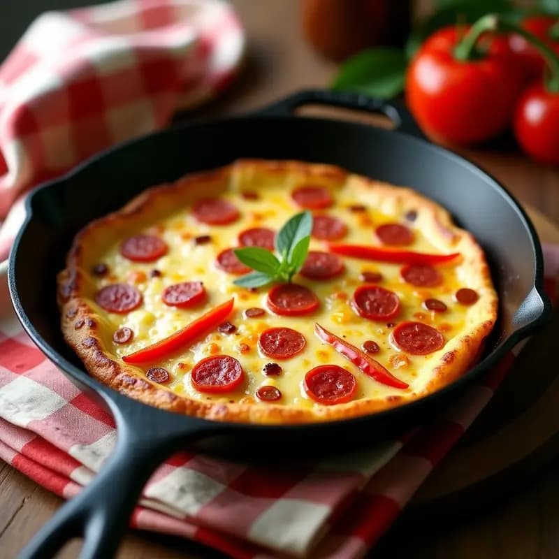 Tortilla de harina extremeña dorada en sartén de hierro, con trozos de chorizo ibérico y pimientos asados rojos en la superficie, servida en plato de barro rústico.