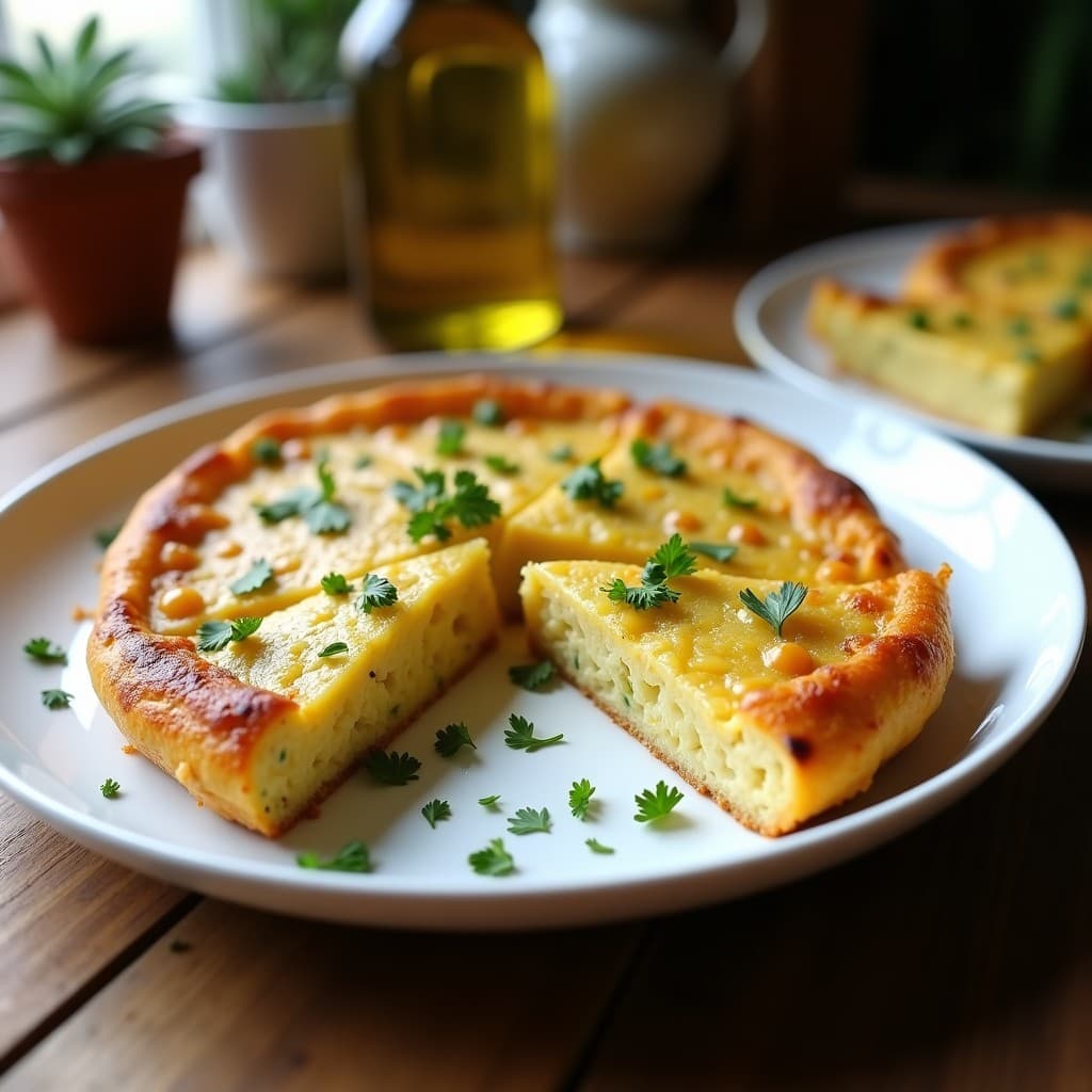 Tortilla dorada de harina de garbanzo y alcachofas cortada en cuñas, servida en un plato blanco con perejil fresco, receta andaluza sin gluten para tupper.
