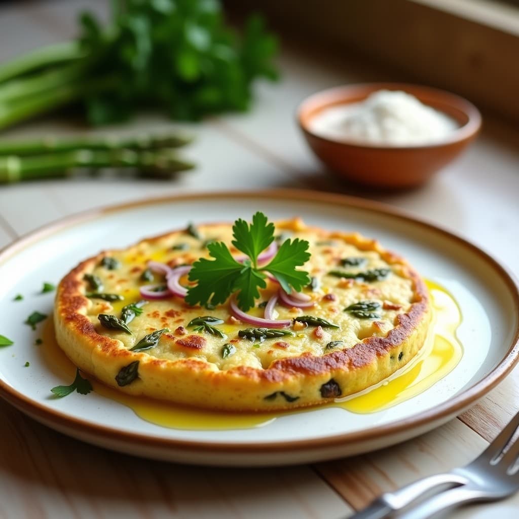 Tortilla dorada y esponjosa de harina de garbanzo con trozos de espárragos trigueros salteados, servida en plato blanco rústico con perejil fresco espolvoreado, receta vegana sin huevos en sartén antiadherente.