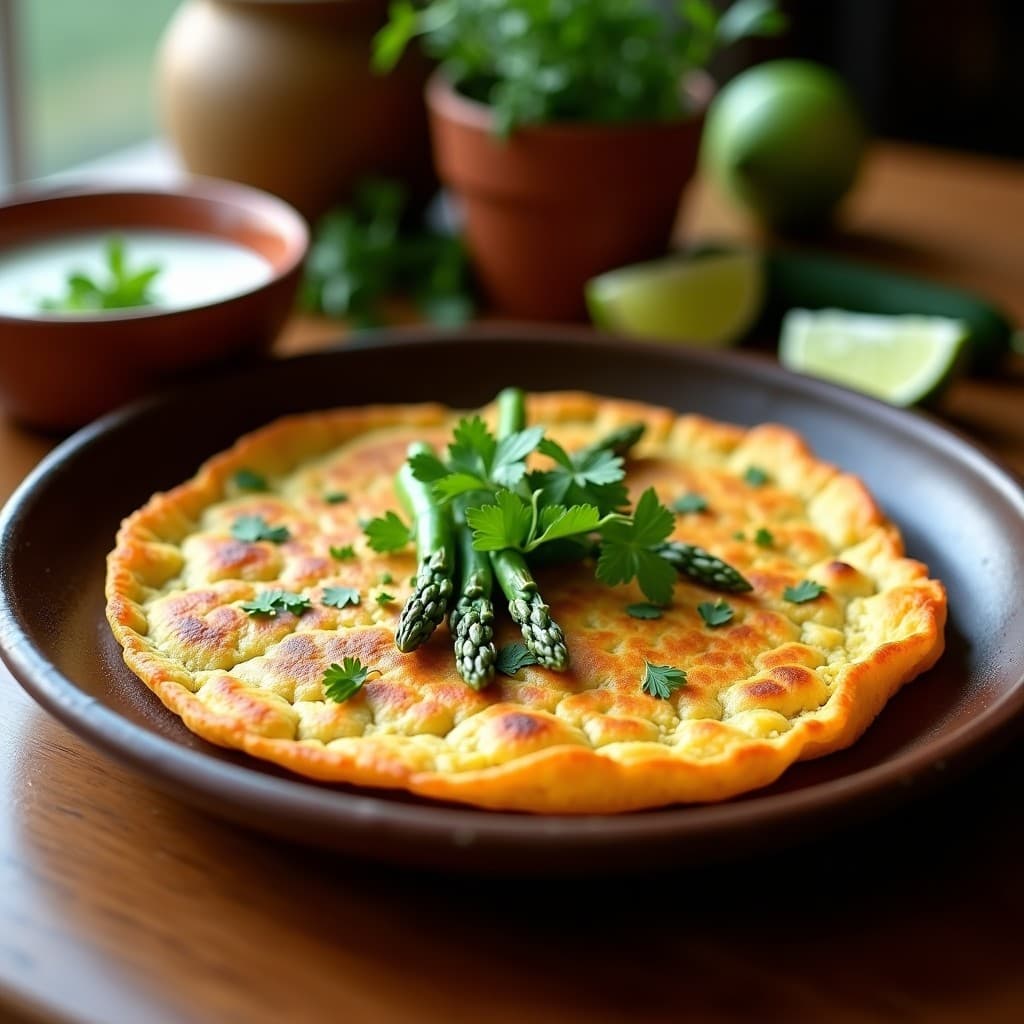 Tortilla dorada esponjosa de harina de grillo y espárragos verdes, servida en plato de barro mexicano con cilantro fresco y rodajas de limón, desayuno alto en hierro.