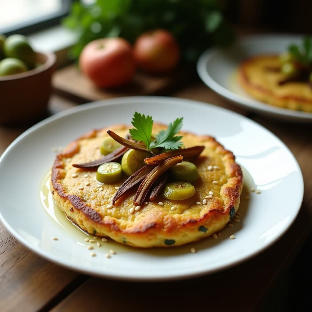 Tortilla dorada y esponjosa de harina de lenteja y calabacín, coronada con hinojo caramelizado crujiente y semillas de sésamo, servida en plato blanco con hojas de cilantro fresco. Receta sin gluten en Thermomix.