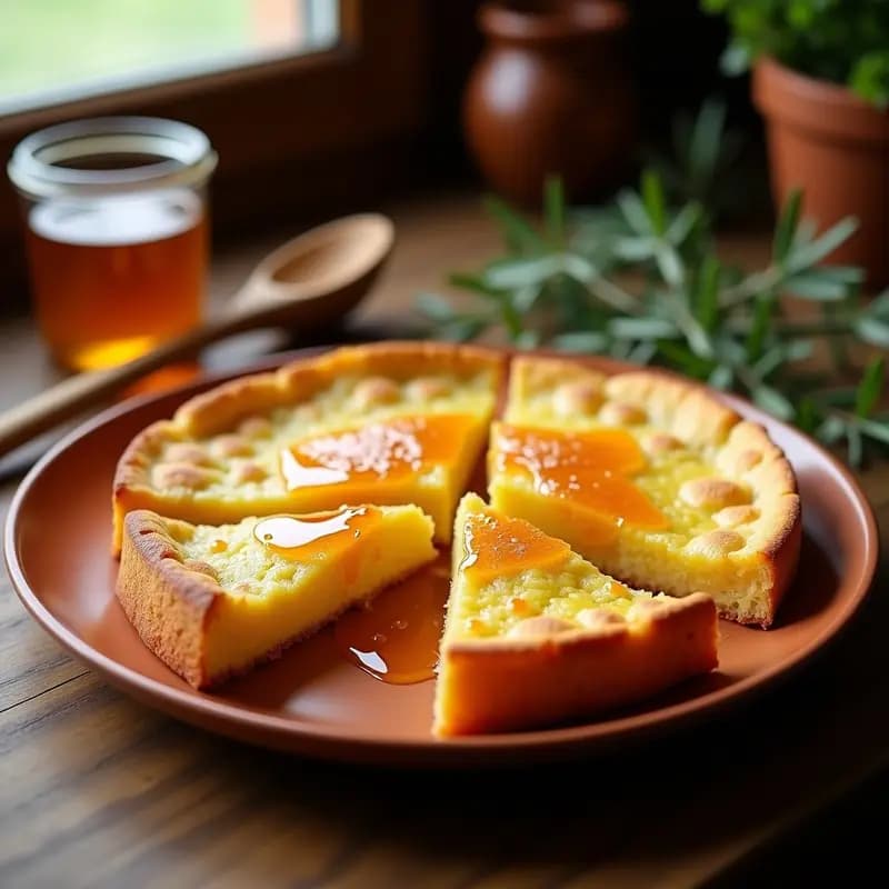 Tortilla de harina dorada y esponjosa en sartén de hierro, bañada en miel de romero oscura, con textura crujiente en los bordes. Postre tradicional extremeño con sabao.