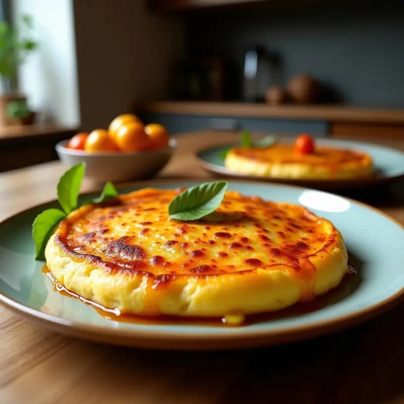 Tortilla esponjosa de hinojo caramelizado en airfryer, dorada por fuera y con trozos de queso feta desmenuzado. Servida en plato blanco con hojas de hinojo fresco como decoración.