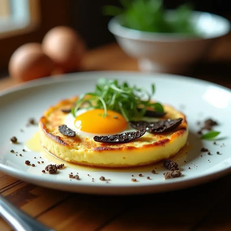 Tortilla francesa de huevos de codorniz dorada con láminas de trufa negra fresca y cebollino picado, servida en plato blanco sobre fondo rústico de madera.