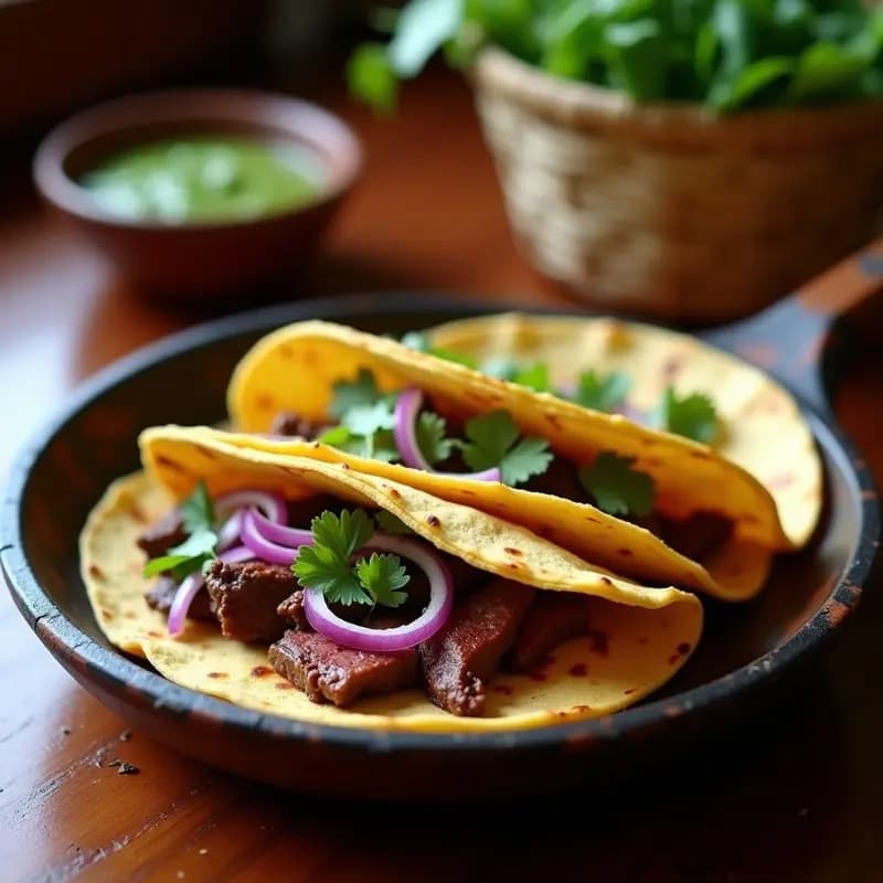 Plato tradicional mexicano con tortillas de maíz recién hechas rellenas de asado de tira jugoso, servidas en un comal de barro con cebolla morada y cilantro fresco, receta auténtica de cocina mexicana.