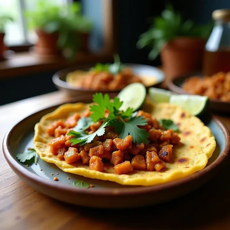Tortilla dorada y esponjosa de flour de maíz azul y chorizo de tempeh especiado, servida en plato rústico con cilantro fresco y rodajas de limón, desayuno vegano mexicano rápido.