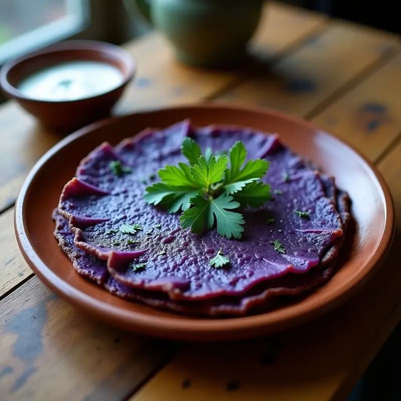 Tortilla vegana de patata morada y azul andreína con tonos vibrantes, salteada y horneada, decorada con cilantro fresco sobre un plato de barro rústico.
