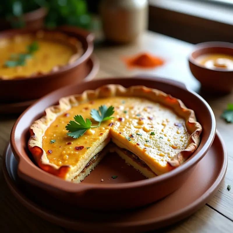 Tortilla moruna dorada en fuente rectangular, con capas visibles de berenjena asada y hummus cremoso, decorada con perejil fresco. Plato tradicional andaluz vegano.