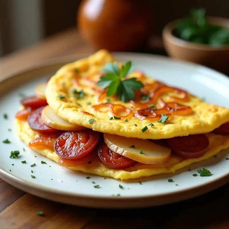 Tortilla dorada y jugosa de papa y chorizo con cebolla caramelizada, servida en plato rústico blanco con fondo de madera. Receta extremeña tradicional en sartén antiadherente.