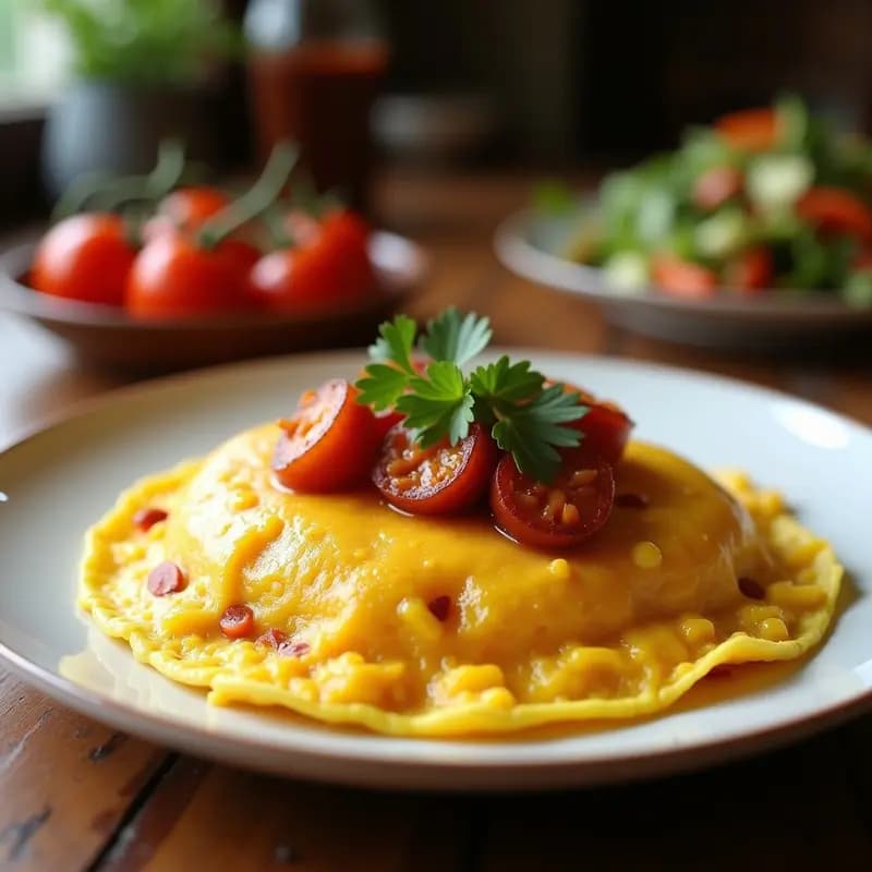 Tortilla dorada y esponjosa de papa y chorizo coloradito ecuatoriano, servida en plato de barro con rodajas de aji coco fresco y cilantro. Fondos de sartén de hierro con restos de aceite brillante.
