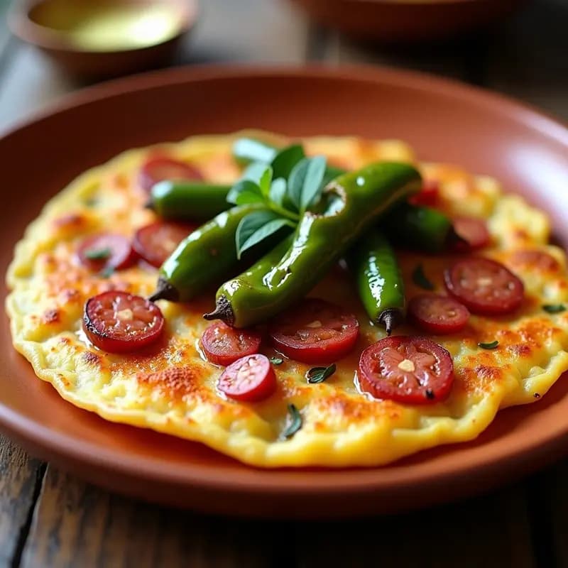 Tortilla vegana española dorada con trozos de chorizo de seitan y pimientos de padrón asados, servida en plato de barro rústico con fondo de madera.