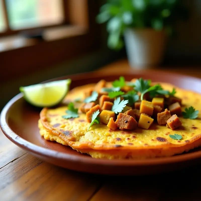 Tortilla dorada y esponjosa de papa criolla y chorizo de tempeh, decorada con cilantro fresco, servida en un plato de barro con rodaja de limón. Desayuno colombiano vegano y alto en proteína.