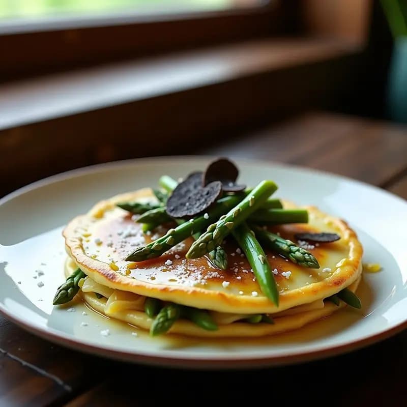 Tortilla de papa y espárragos con trufa negra en plato blanco, láminas de trufa negra brillantes sobre superficie dorada, espárragos verdes en círculo y fondo rústico de madera.
