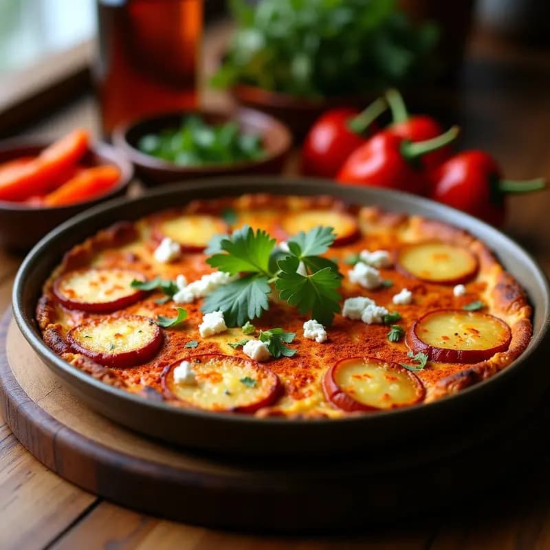Tortilla de papas y chorizo colorada colombiana en molde redondo, dorada por encima, con trozos visibles de papas, chorizo y cilantro fresco. Acompañada de rodajas de ají rojo y queso costeño desmenuzado.
