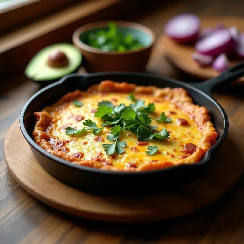 Tortilla dorada y esponjosa de papas criollas y chorizo de Sincelejo, servida en plato rústico con cilantro fresco y queso costeño rallado, desayuno colombiano alto en energía.