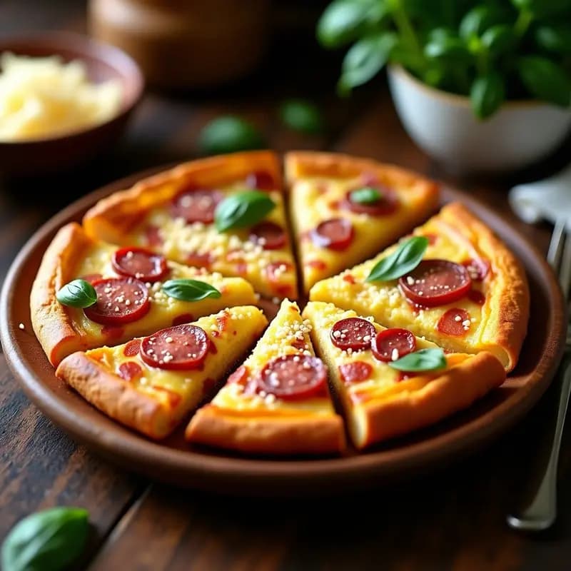 Tortilla española dorada con trozos de chorizo y tiras de pimientos del piquillo asados, cortada en porciones cuadradas sobre un plato de madera rústico. Receta reconfortante para tupper.