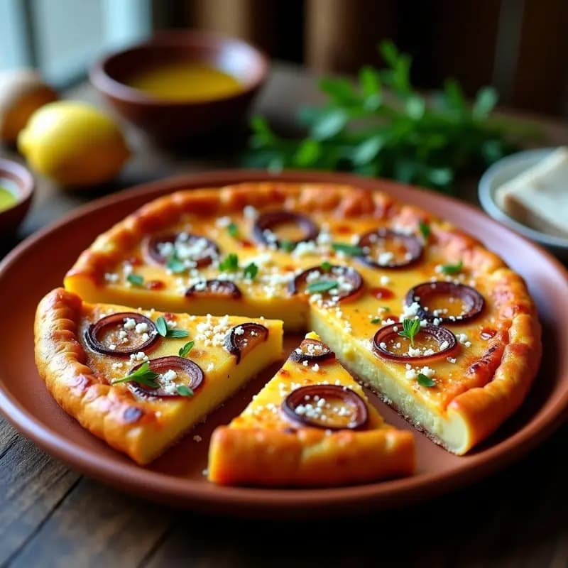 Tortilla de patata ahumada dorada y esponjosa, servida en plato de barro con rodajas de cebolla morada caramelizada y espolvoreada con queso manchego rallado, receta de olla programable.