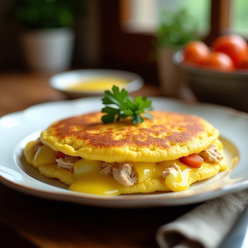 Tortilla de patata dorada con trozos de pollo en salsa cremosa de ají amarillo, servida en plato blanco con fondo rústico. Receta fusion Peruano-Española en Airfryer.