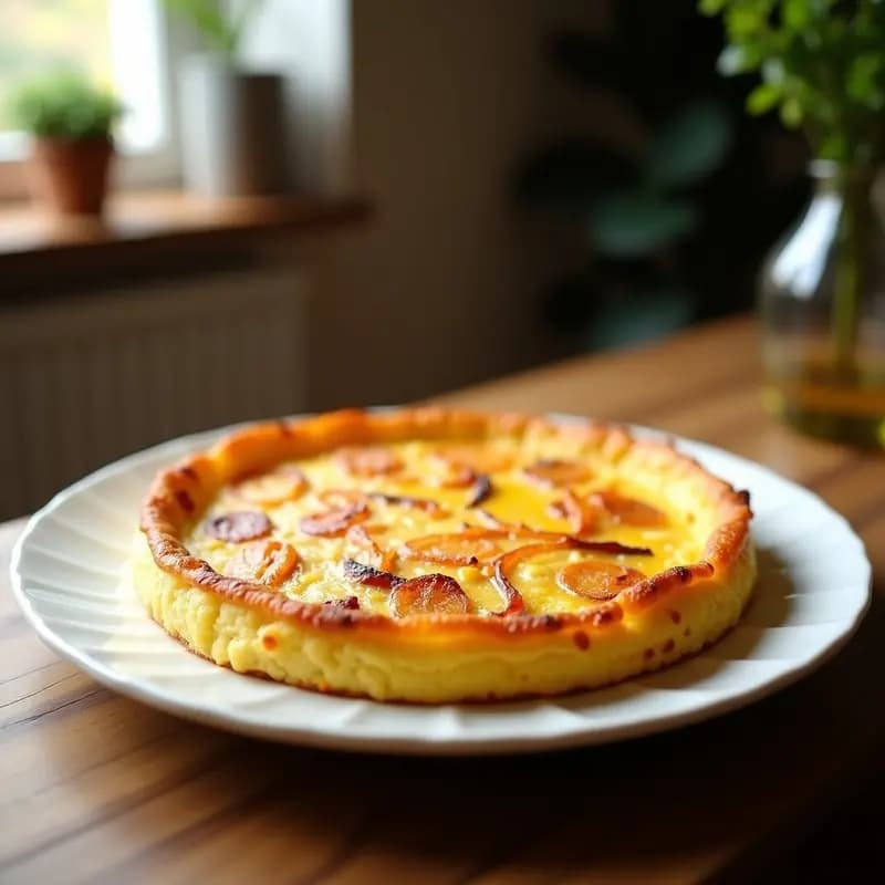 Tortilla de patata andaluza tradicional dorada por fuera y jugosa por dentro, servida en plato blanco rústico con rodajas de cebolla caramelizada visibles.