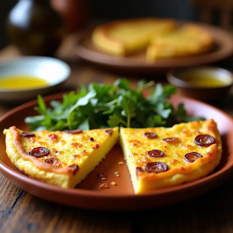 Tortilla de patata dorada con vetas de azafrán, cortada en porciones y servida en plato de barro rústico, acompañada de ensalada verde.