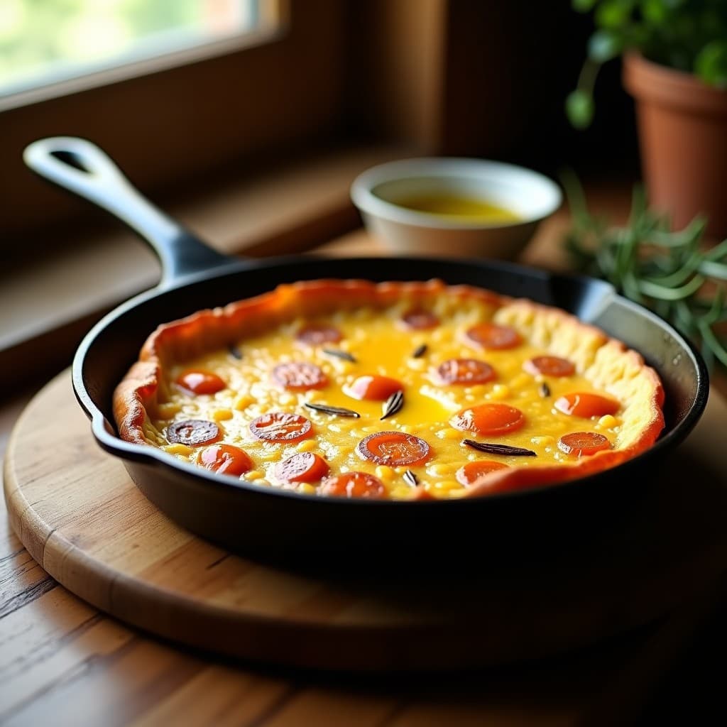 Tortilla de patata y batata ahumada en sartén de hierro, dorada por fuera y jugosa por dentro, con trozos visibles de cebolla morada y el toque ahumado de la batata. Servida en plato rústico de barro.