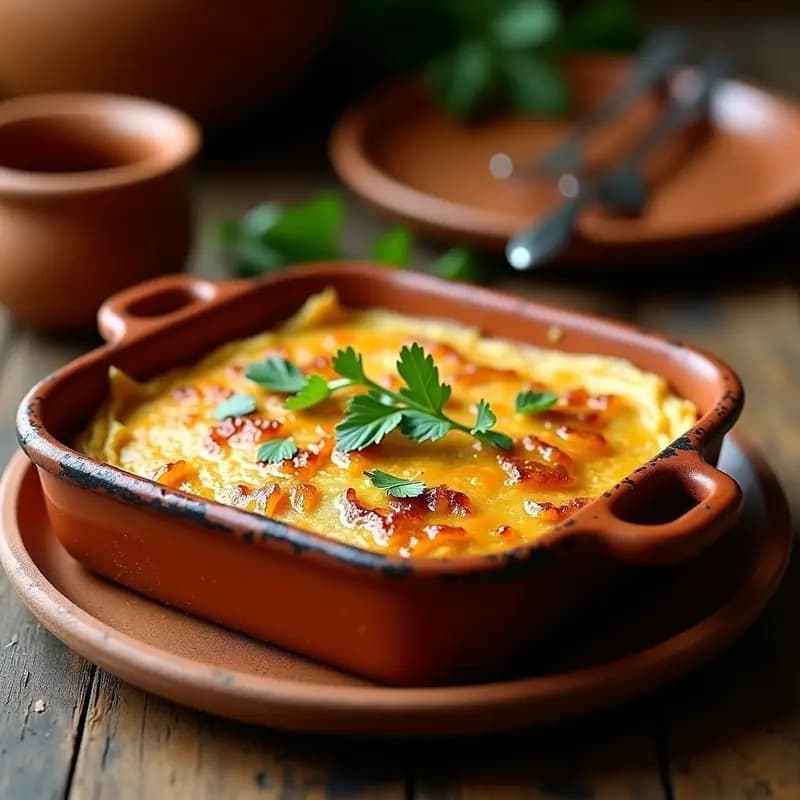 Tortilla de patata y cebolla caramelizada en molde rectangular, con capas visibles de patata y cebolla dorada, servida en plato de barro rústico.