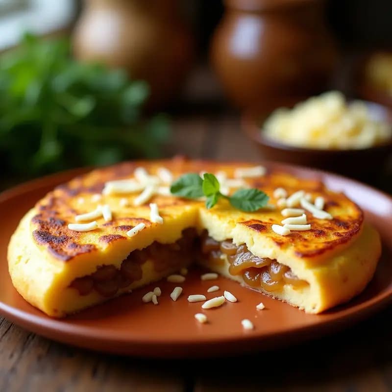 Tortilla de patata dorada con cebolla caramelizada y queso Idiazábal fundido, cortada en porciones sobre un plato de madera rústico, acompañada de un tenedor y hojas de perejil fresco.