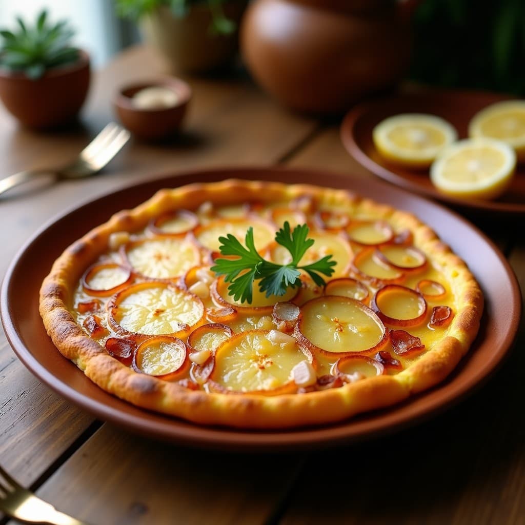 Tortilla española de patata y cebolla dorada y crujiente por fuera, con un interior cremoso y jugoso, servida en un plato de barro rústico.