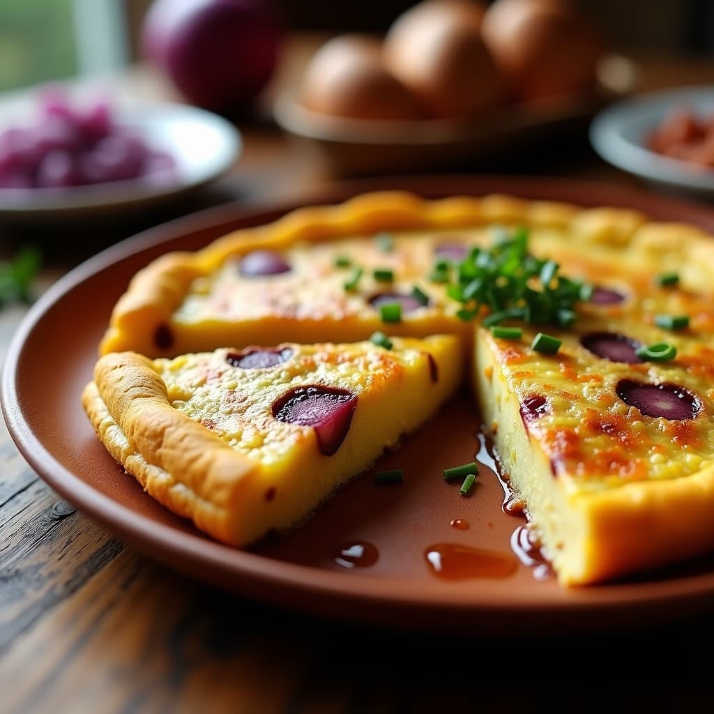 Tortilla de patata dorada con trozos de cebolla morada, cortada en porciones y servida en un plato de barro con fondo de madera rústica.