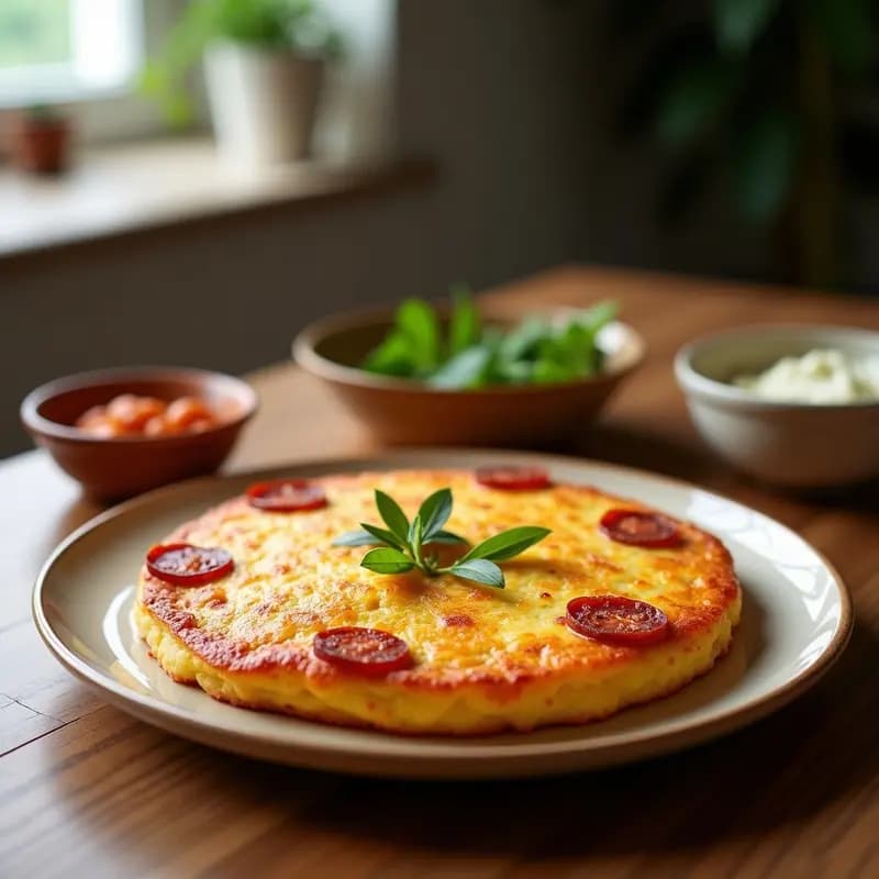 Tortilla de patata dorada con trozos de chorizo ibérico de bellota y queso Idiazábal fundido, servida en sartén de hierro con fondo crujiente y superficie jugosa, acompañada de pan de centeno tostado.