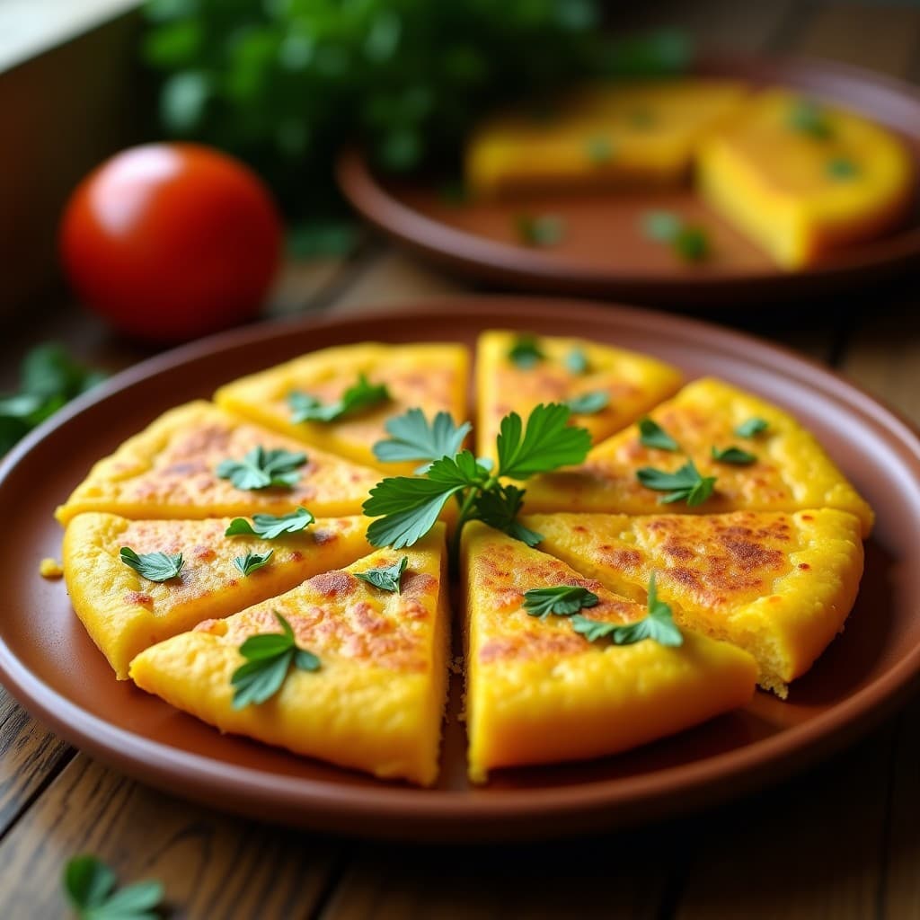 Tortilla de patata vegana dorada con cúrcuma y cilantro fresco picado por encima, cortada en porciones y servida en plato de barro con fondo rústico.