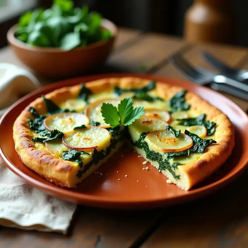 Tortilla española dorada con trozos de patata, espinacas verdes y queso de oveja derretido, servida en plato de barro con perejil fresco. Receta de tortilla de patata con espinacas y queso de oveja.